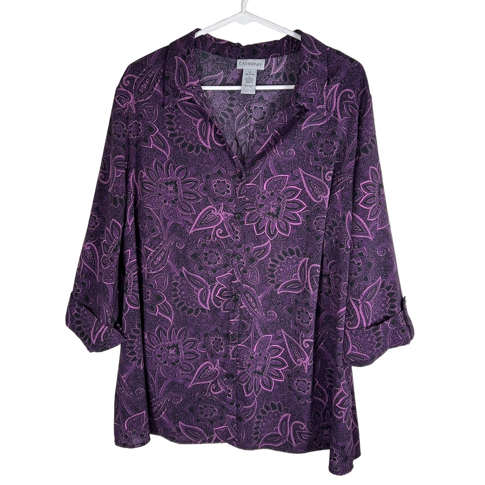 Catherines Womens 1X Purple Paisley Floral Button Front 3/4 Sleeve Blouse Top